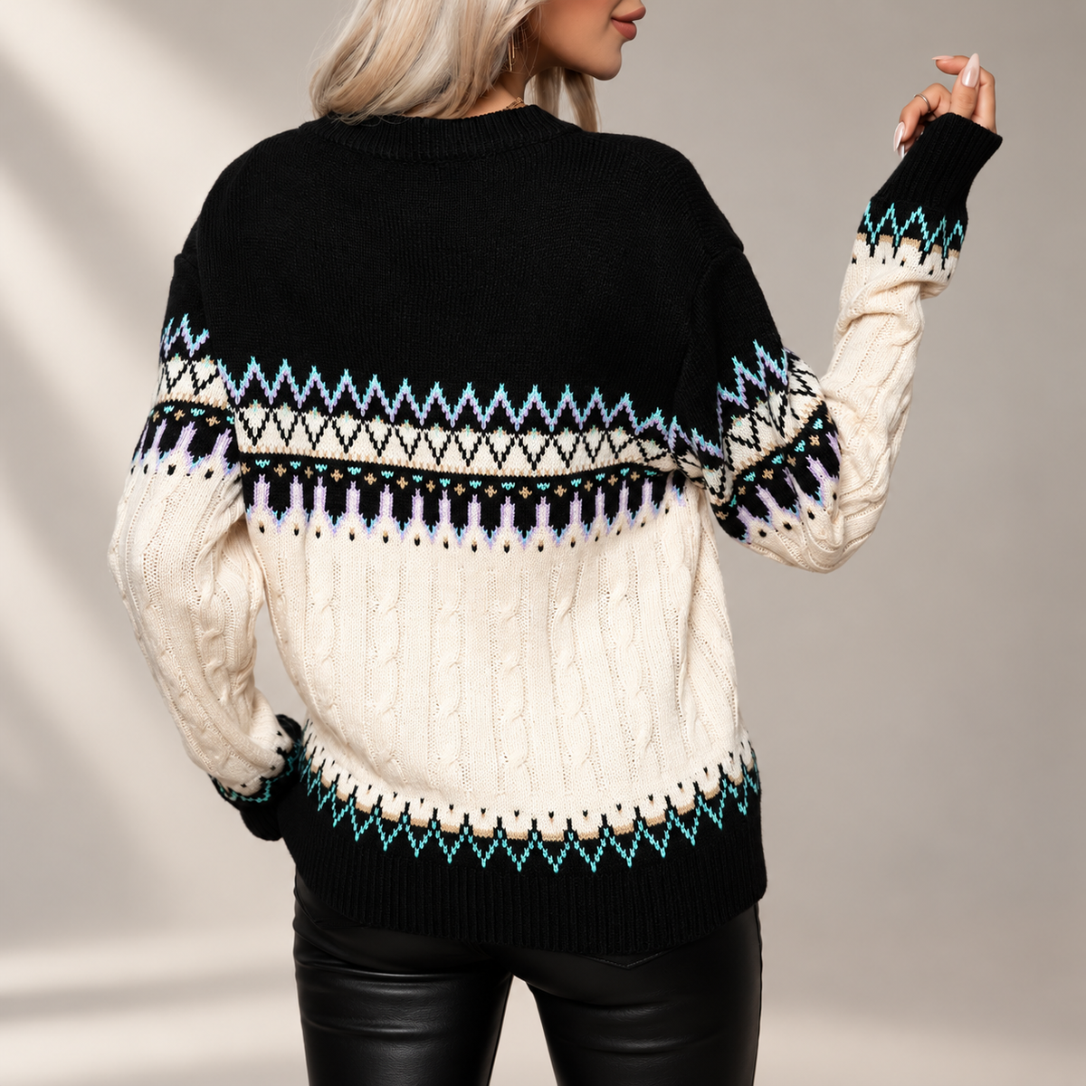 Beatrice Fair Isle Cable Knit Crew Neck Sweater