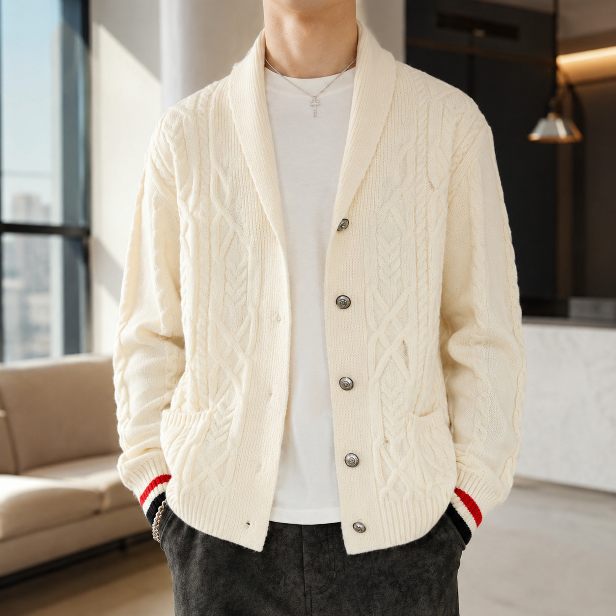 Mason Men’s Cable-Knit Shawl Collar Cardigan