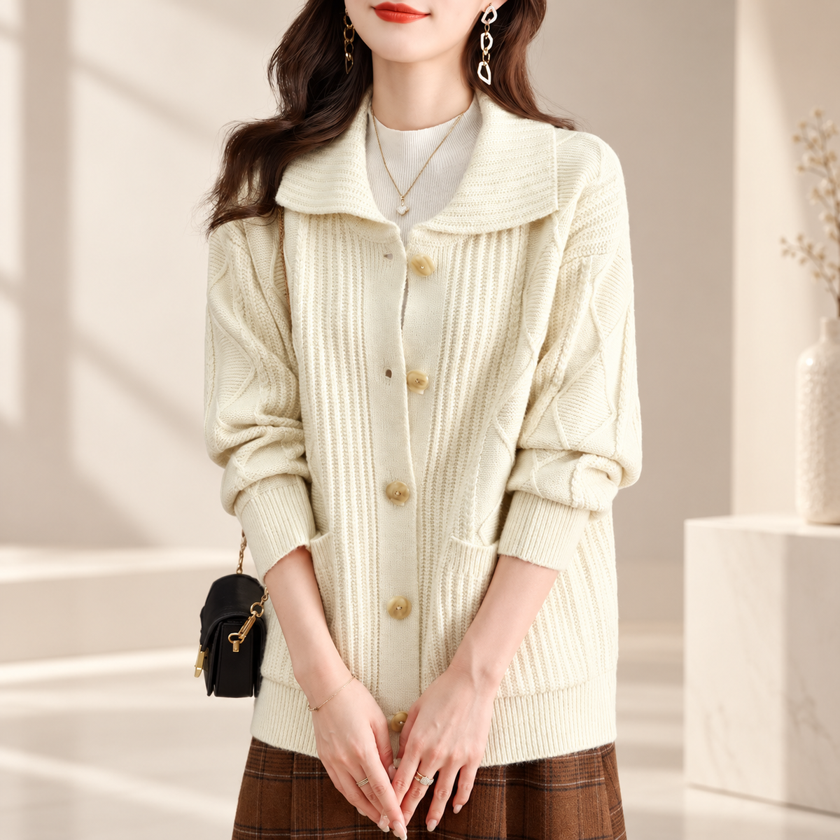 Beatrice Women’s Collared Knit Cardigan – Button Front Long Sleeve Sweater with Pockets