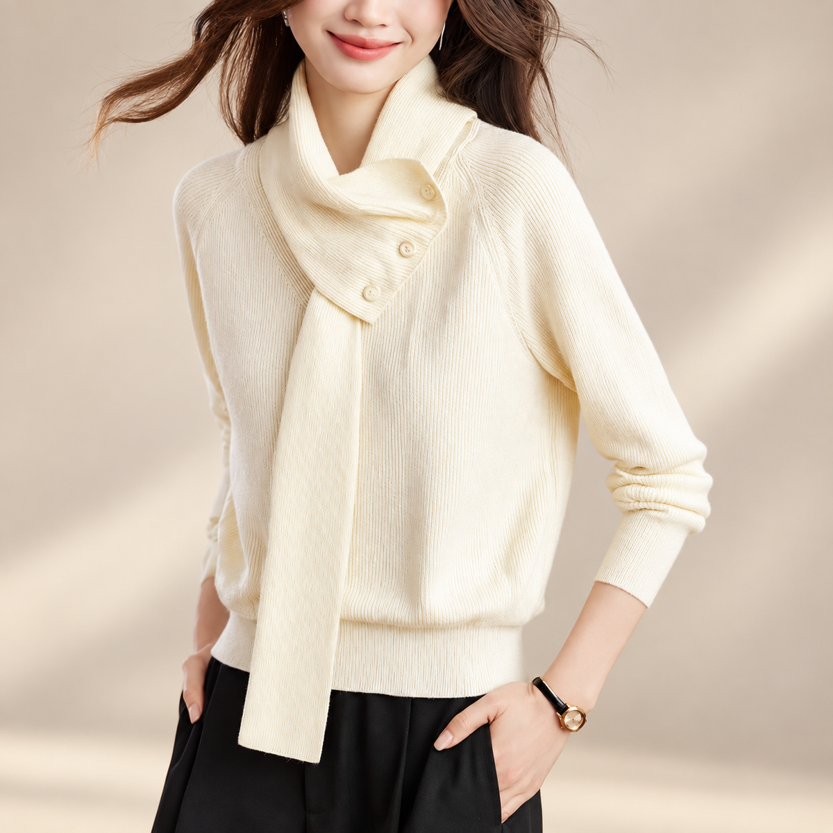 Camille Women's Button Scarf-Neck Knit Sweater