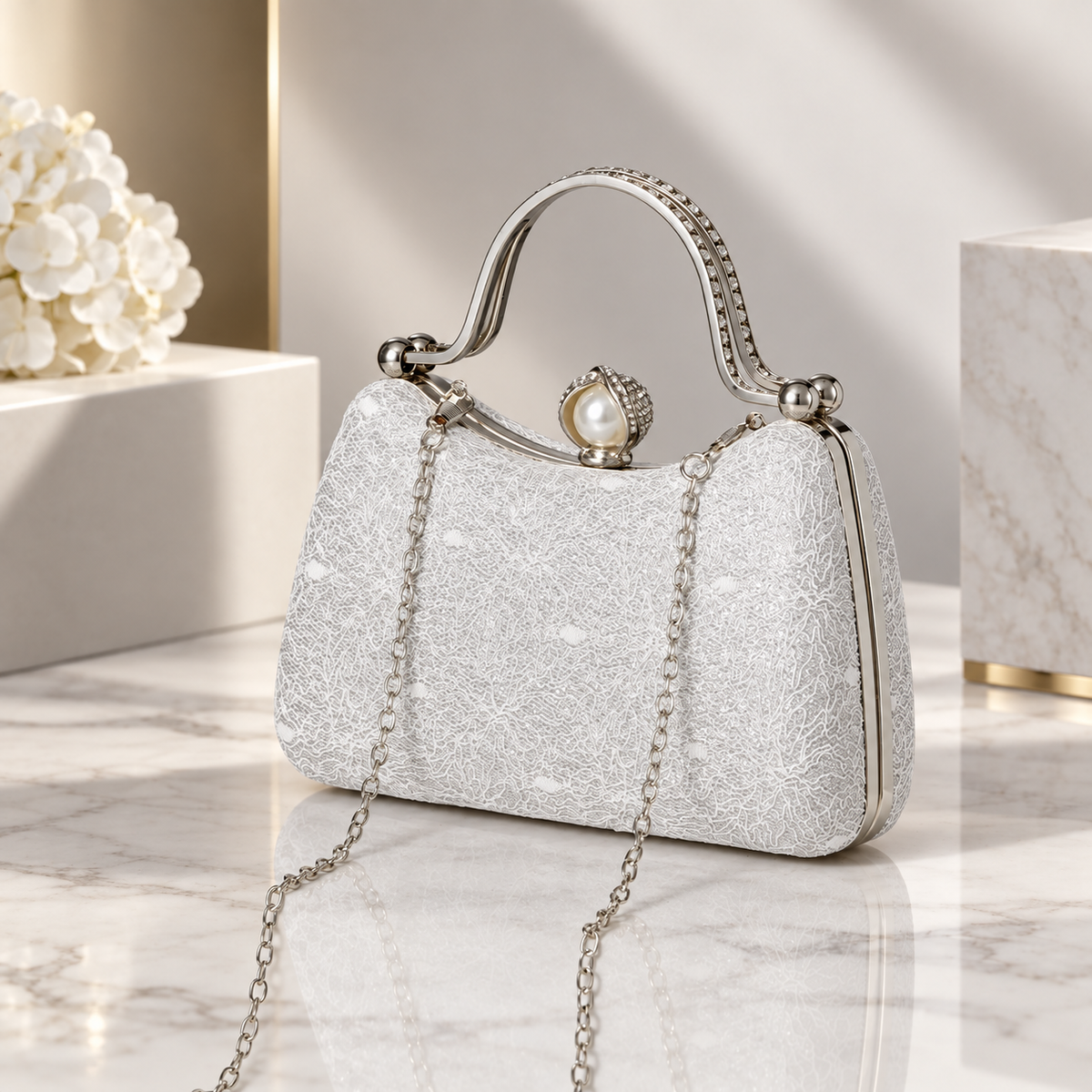 Beatrice Pearl-Clasp Evening Handbag with Top Handle