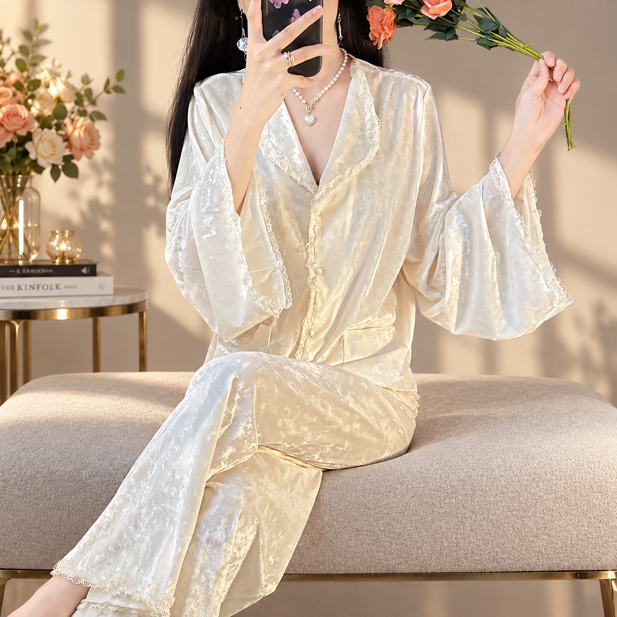 Valentina Velvet-Look Lace Trim Button-Front Pajama Set