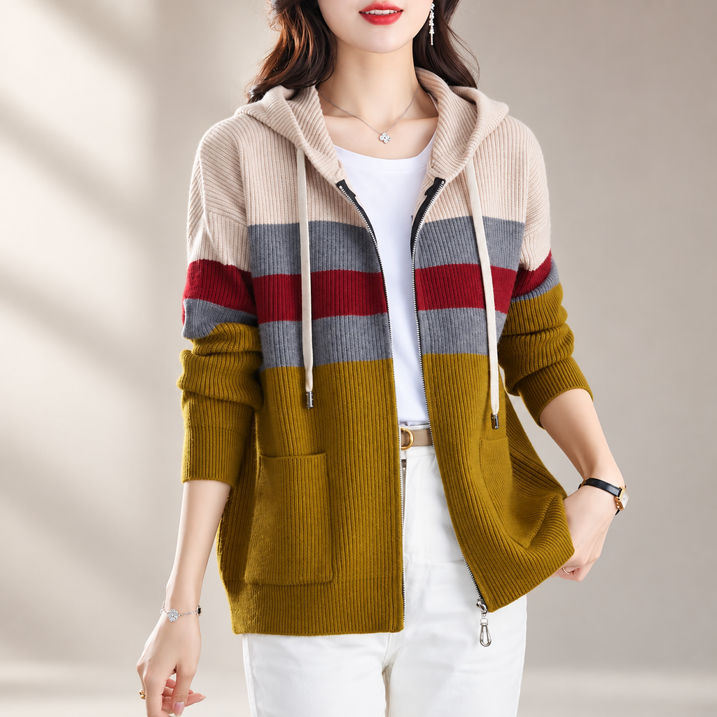 Adriana Women's Colorblock Zip-Front Hooded Knit Cardigan with Pockets