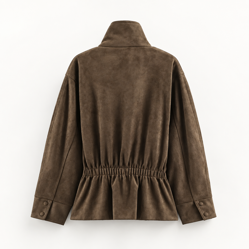Lucienne Belted Suede-Look Jacket – High Neck Women’s Short Coat