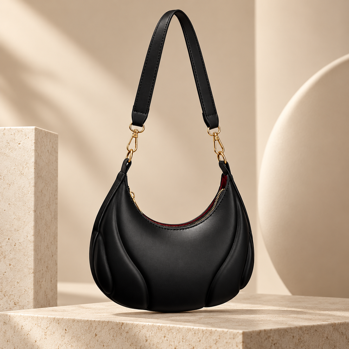Margot Crescent Shoulder Bag with Sculpted Panel Design and Zip Closure