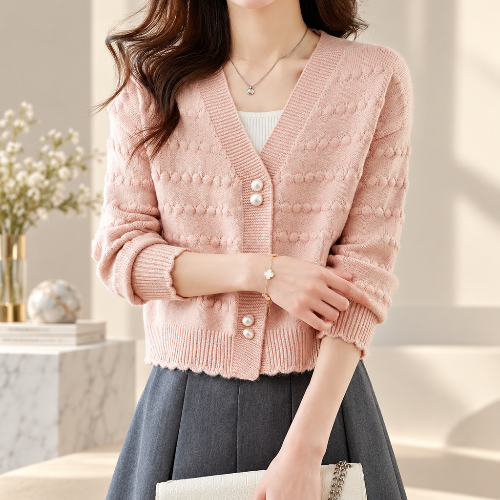 Serafina Women's Textured V-Neck Knit Cardigan with Pearl-Style Buttons