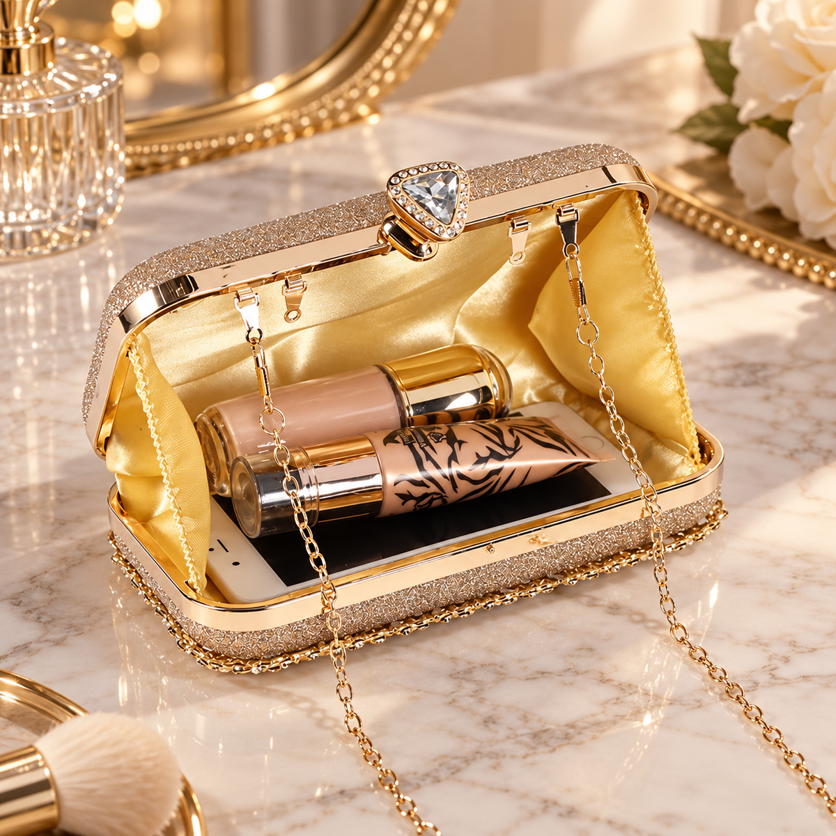 Seraphina Crystal Floral Evening Clutch with Top Handle