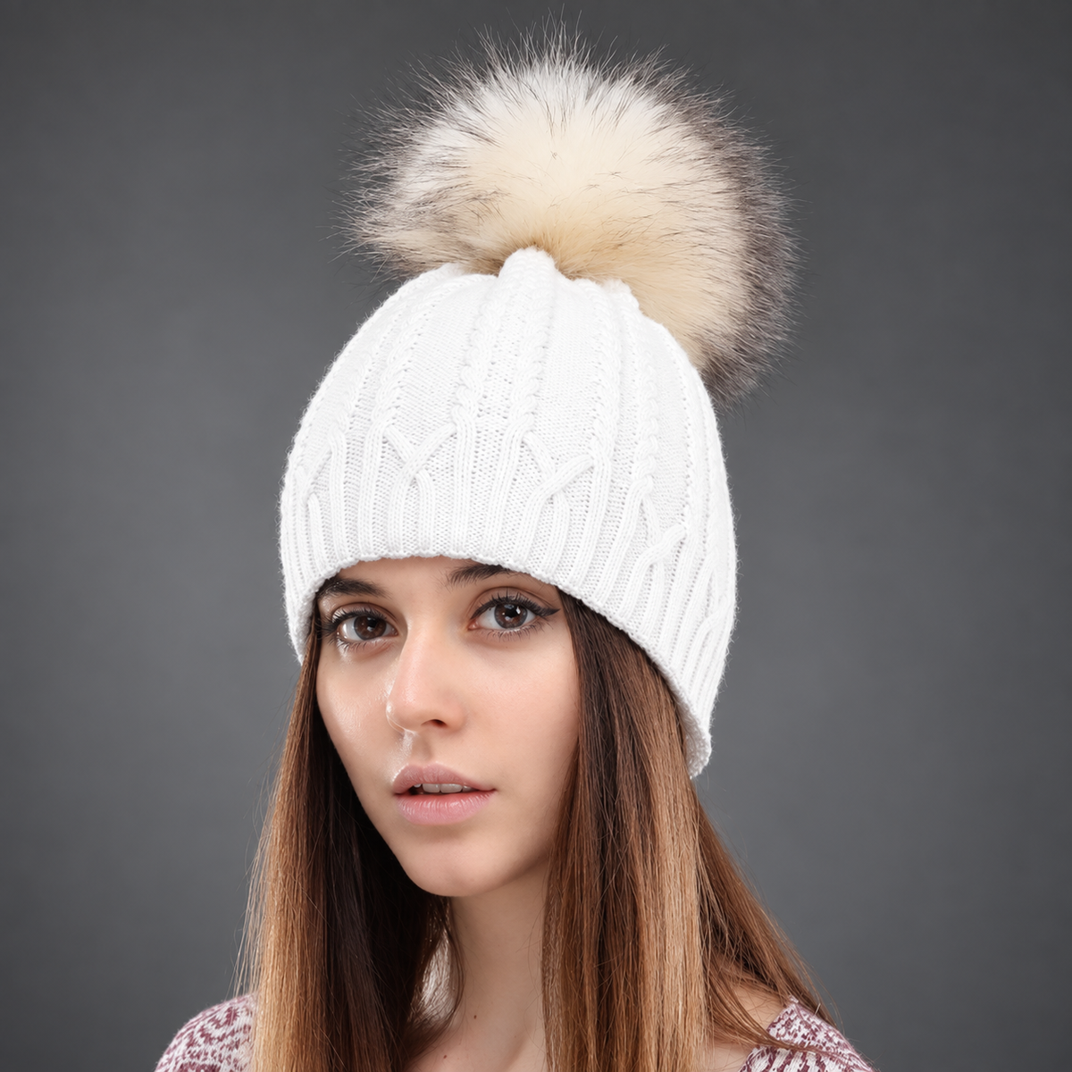 Colette Women’s Cable Knit Pom-Pom Beanie – Braided Winter Hat with Fur-Look Pom