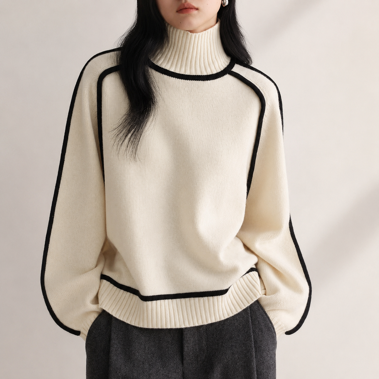 Hazel Women’s Relaxed Contrast-Trim Knit Pullover Sweater