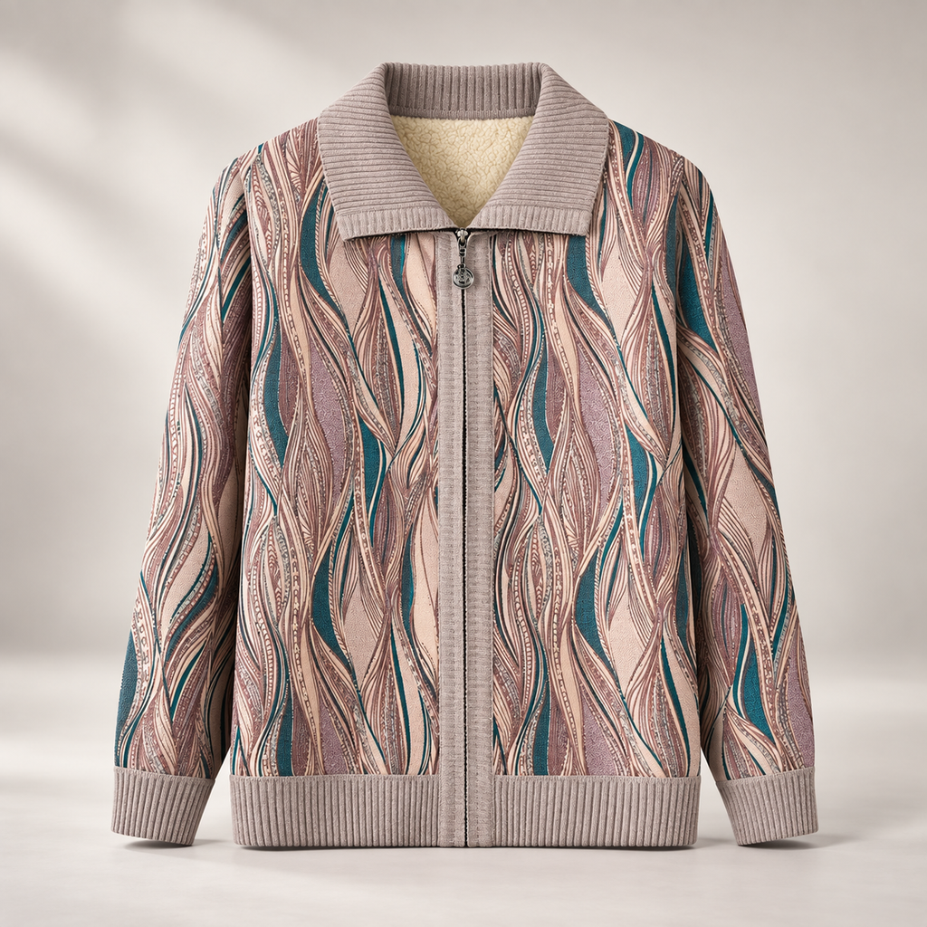 Delphine Women's Abstract Print Zip-Front Knit Jacket with Ribbed Collar