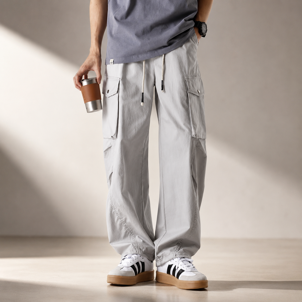 Declan Men’s Wide-Leg Cargo Pants – Drawstring Utility Trousers with Flap Pockets