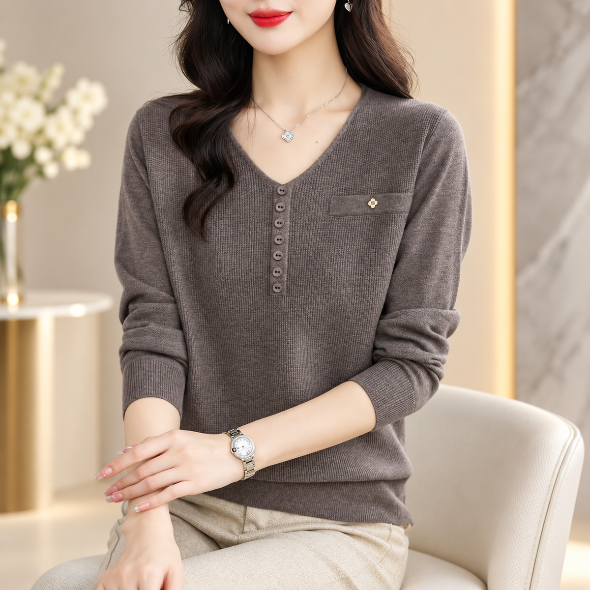Marina Women’s V-Neck Button Detail Knit Sweater – Long Sleeve Pullover Top