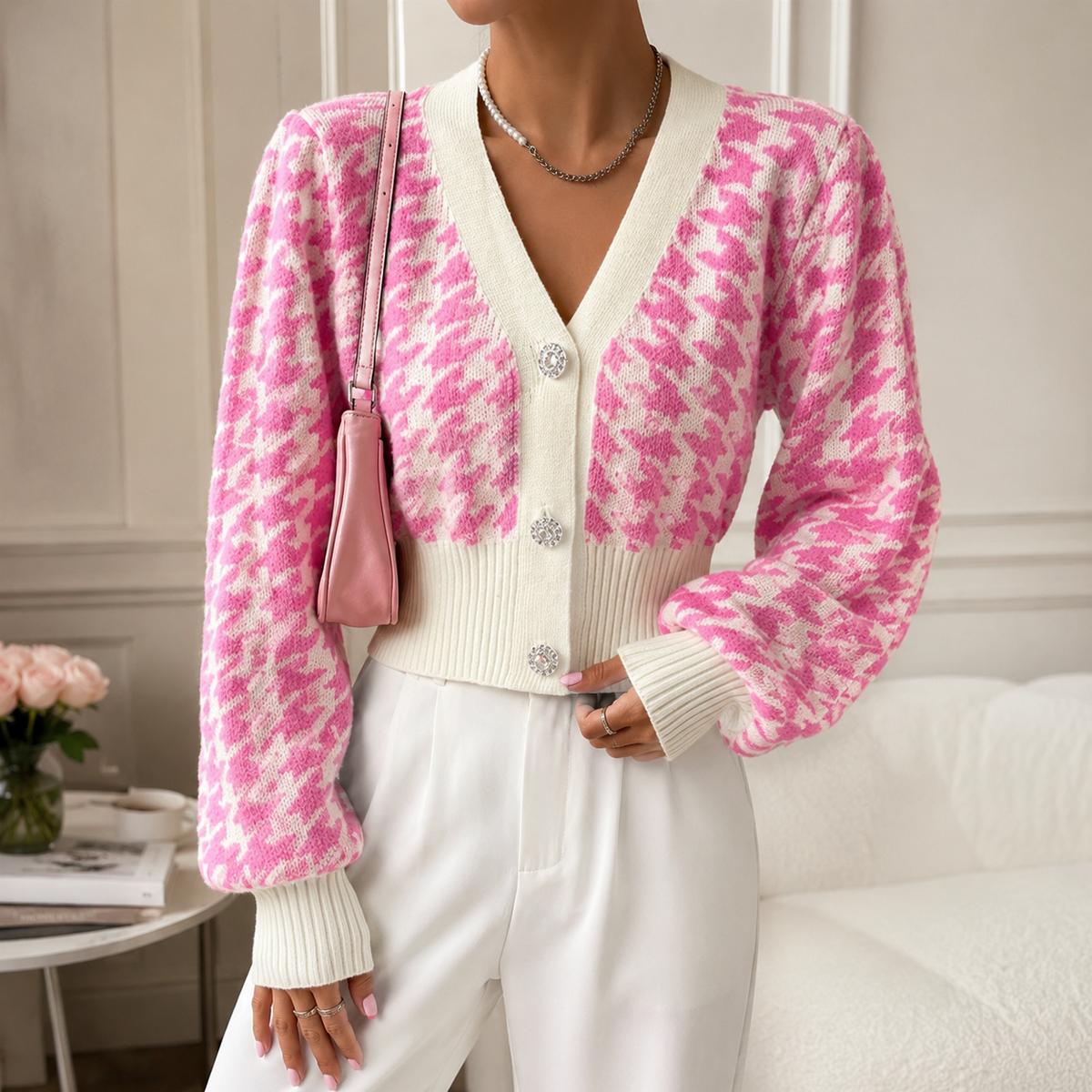 Amelia Women’s Patterned Knit Button Cardigan – Cropped Soft Knit Sweater