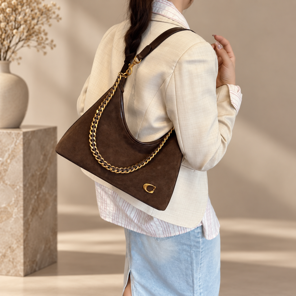 Lorenza Suede-Look Hobo Shoulder Bag with Chain Detail