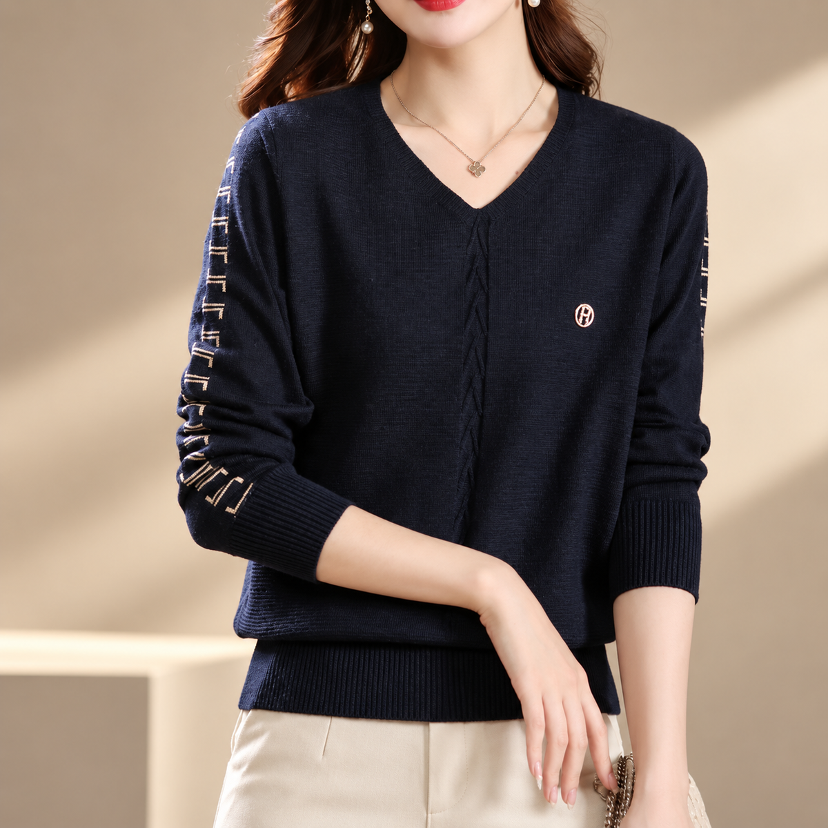Renata Women’s V-Neck Knit Sweater – Long Sleeve Textured Pullover
