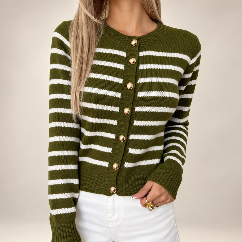 Gianna Striped Button Front Knit Cardigan – Gold Button Crew Neck Sweater