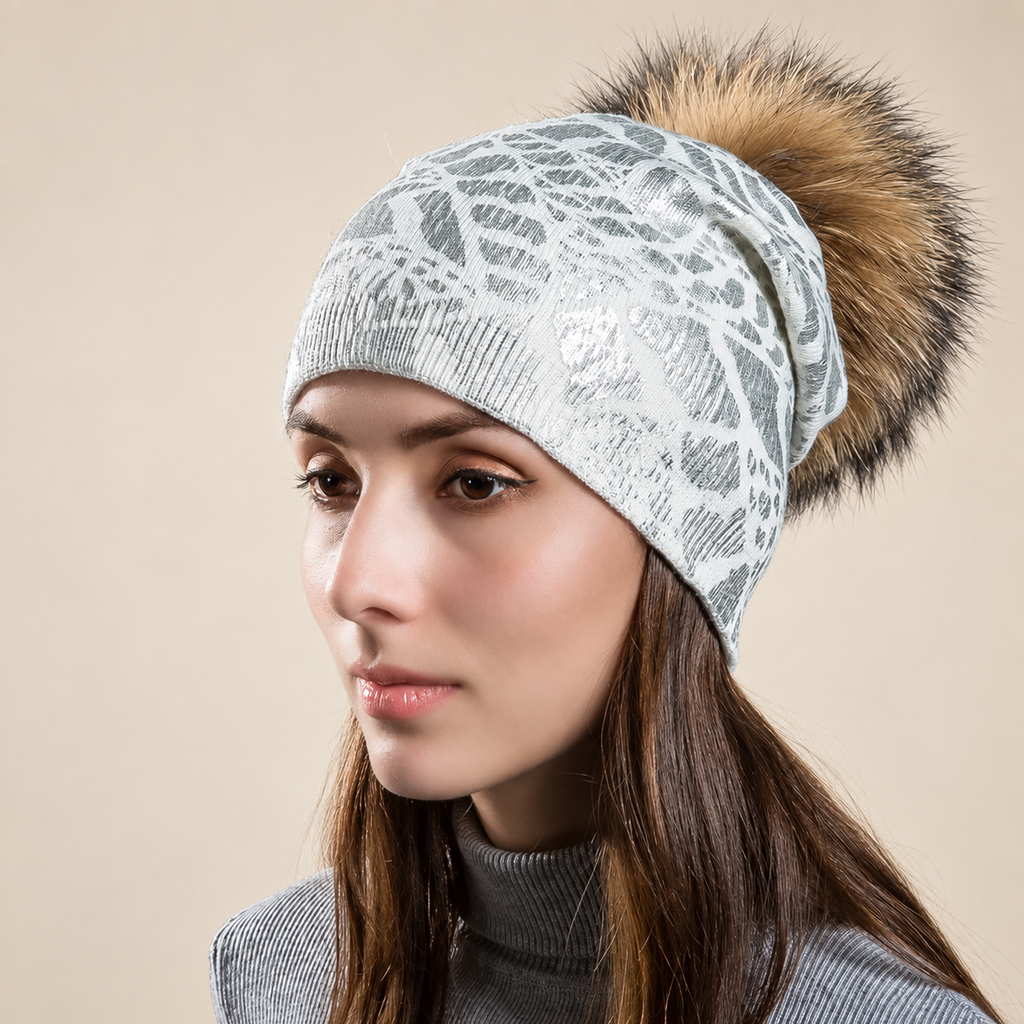 Alessia Women’s Metallic Animal Print Pom-Pom Beanie