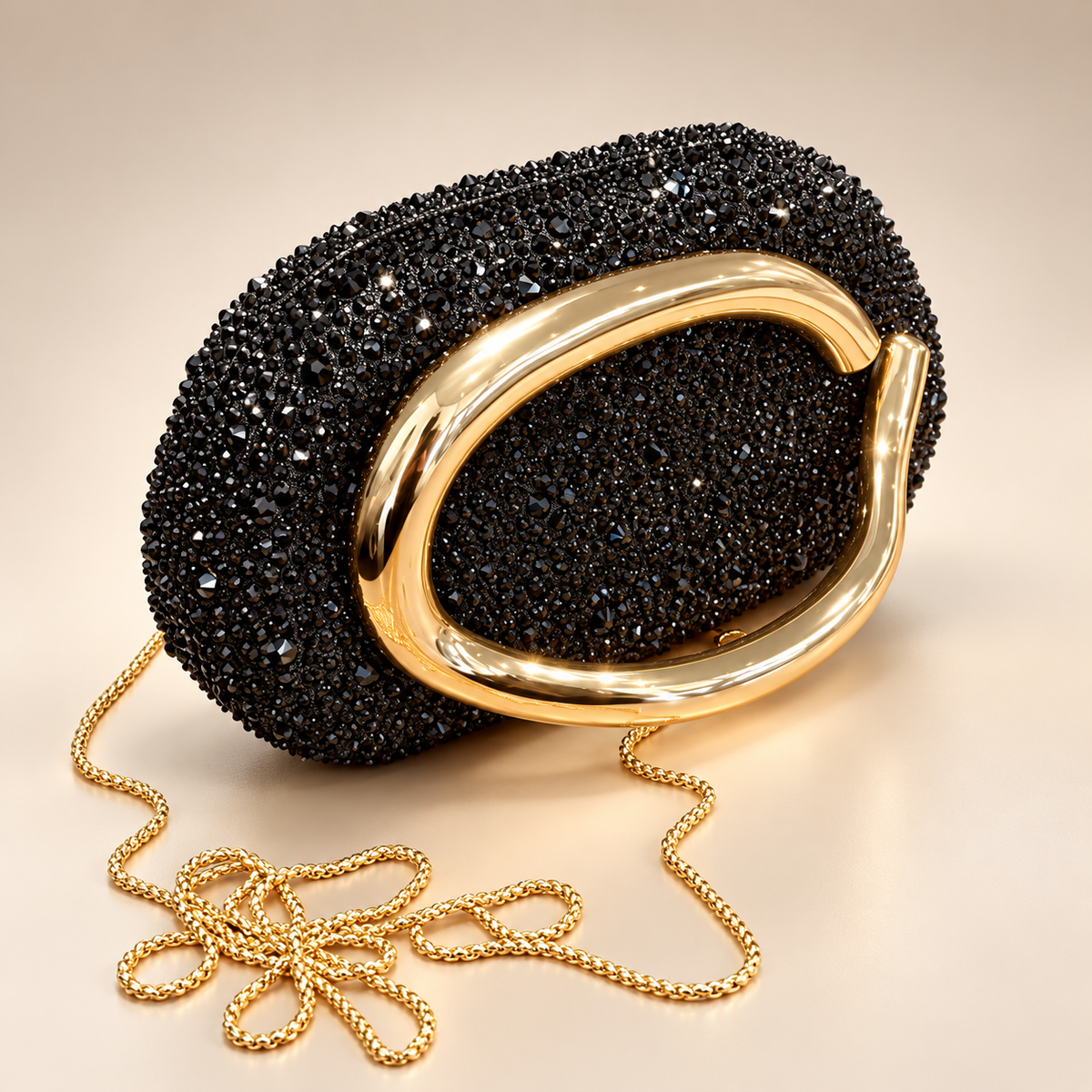 Genevieve Crystal Evening Clutch with Sculptural Metal Handle & Chain Strap