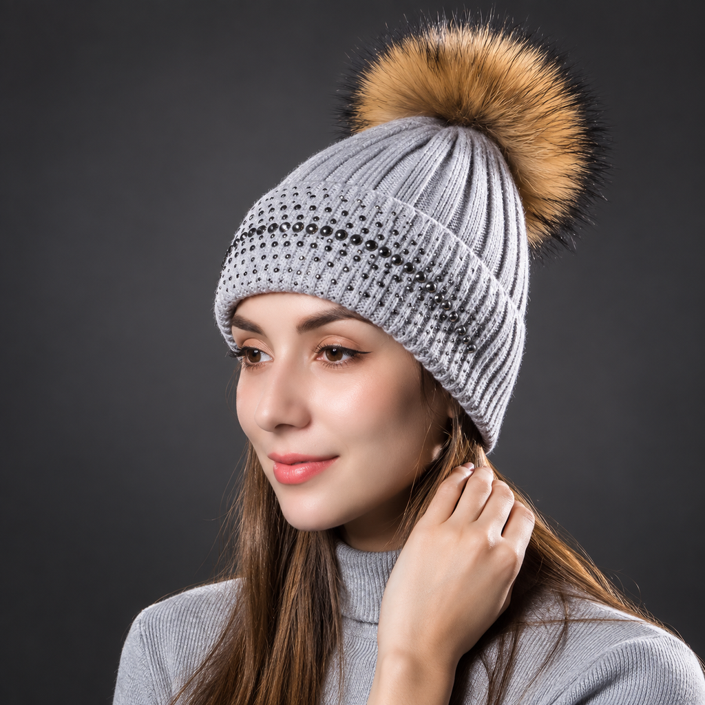 Lucia Embellished Ribbed Pom-Pom Beanie