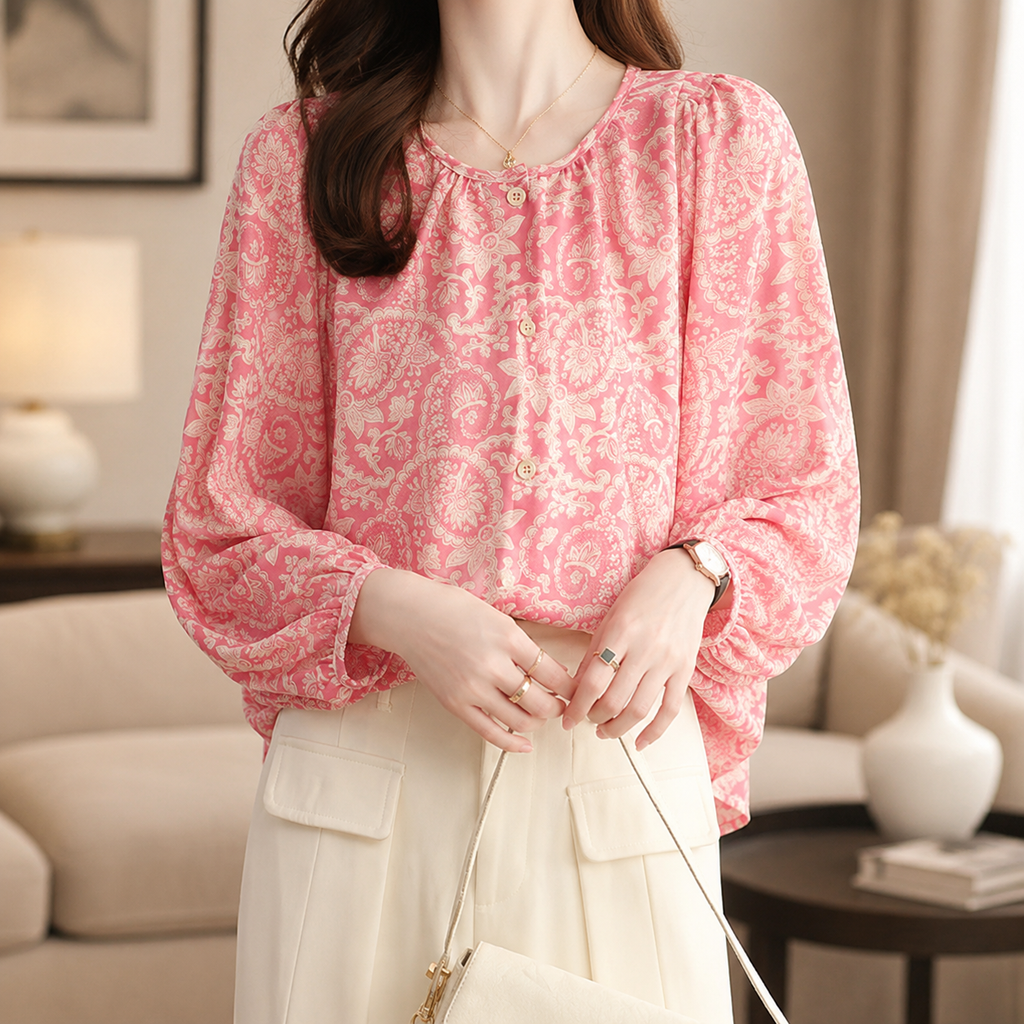 Margot Women’s Printed Button-Front Blouse – Relaxed Long Sleeve Top