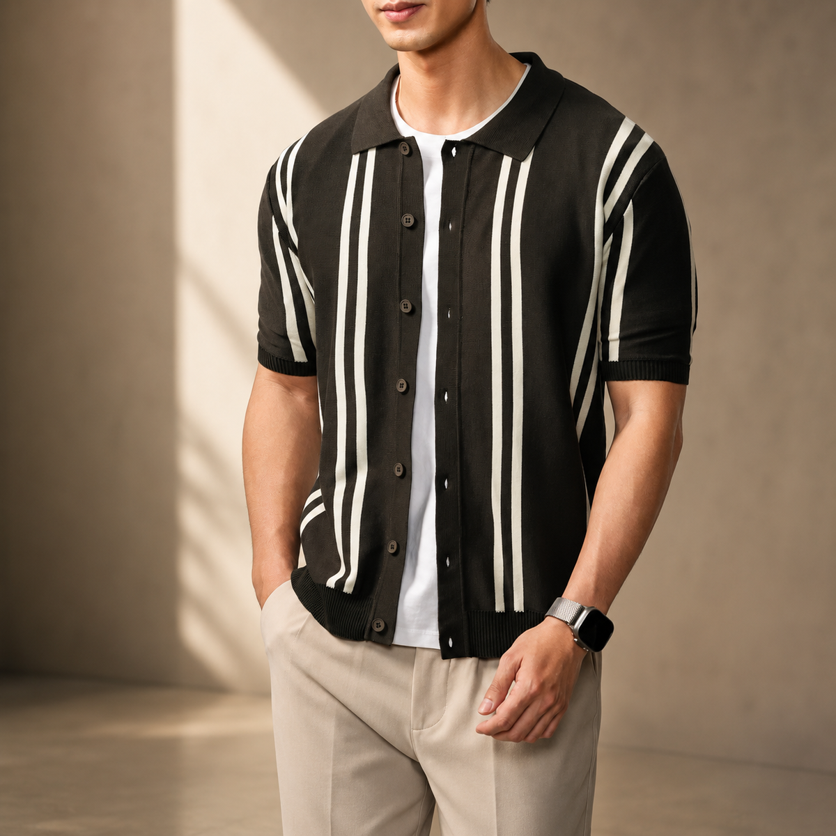 Étienne Men’s Striped Knit Polo Cardigan – Short Sleeve Button-Front Shirt