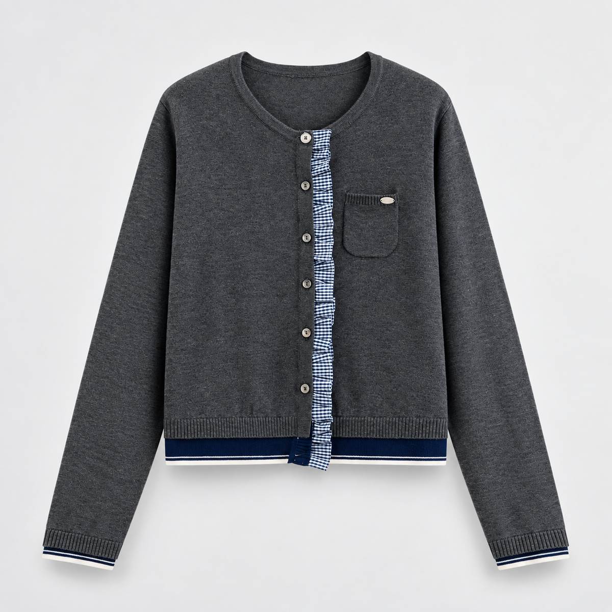 Margaret Check Trim Button Cardigan – Charcoal Gray Crew Neck Knit Sweater