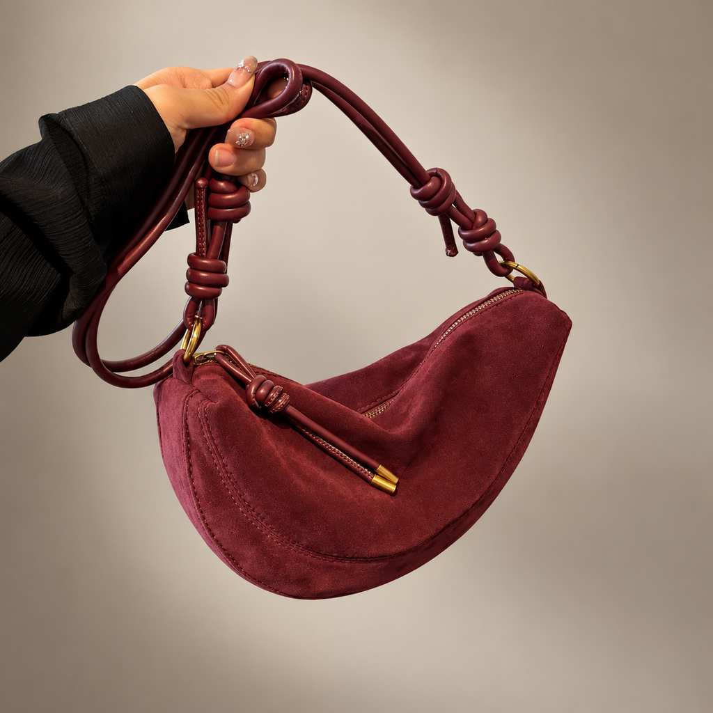 Elodie Crescent Suede-Look Crossbody Bag with Knotted Strap