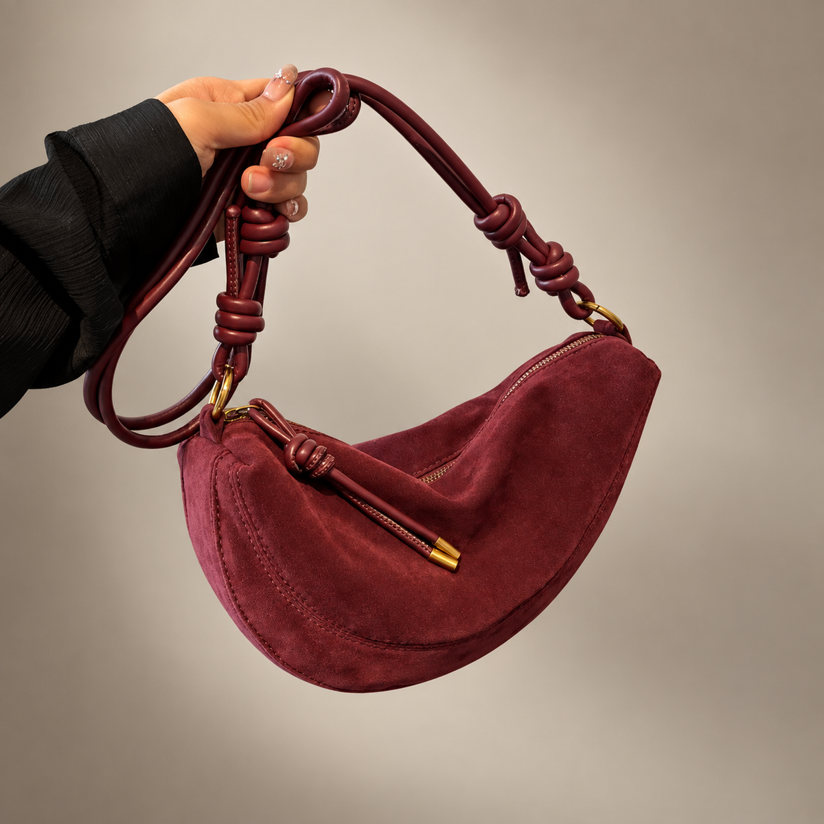Elodie Crescent Suede-Look Crossbody Bag with Knotted Strap