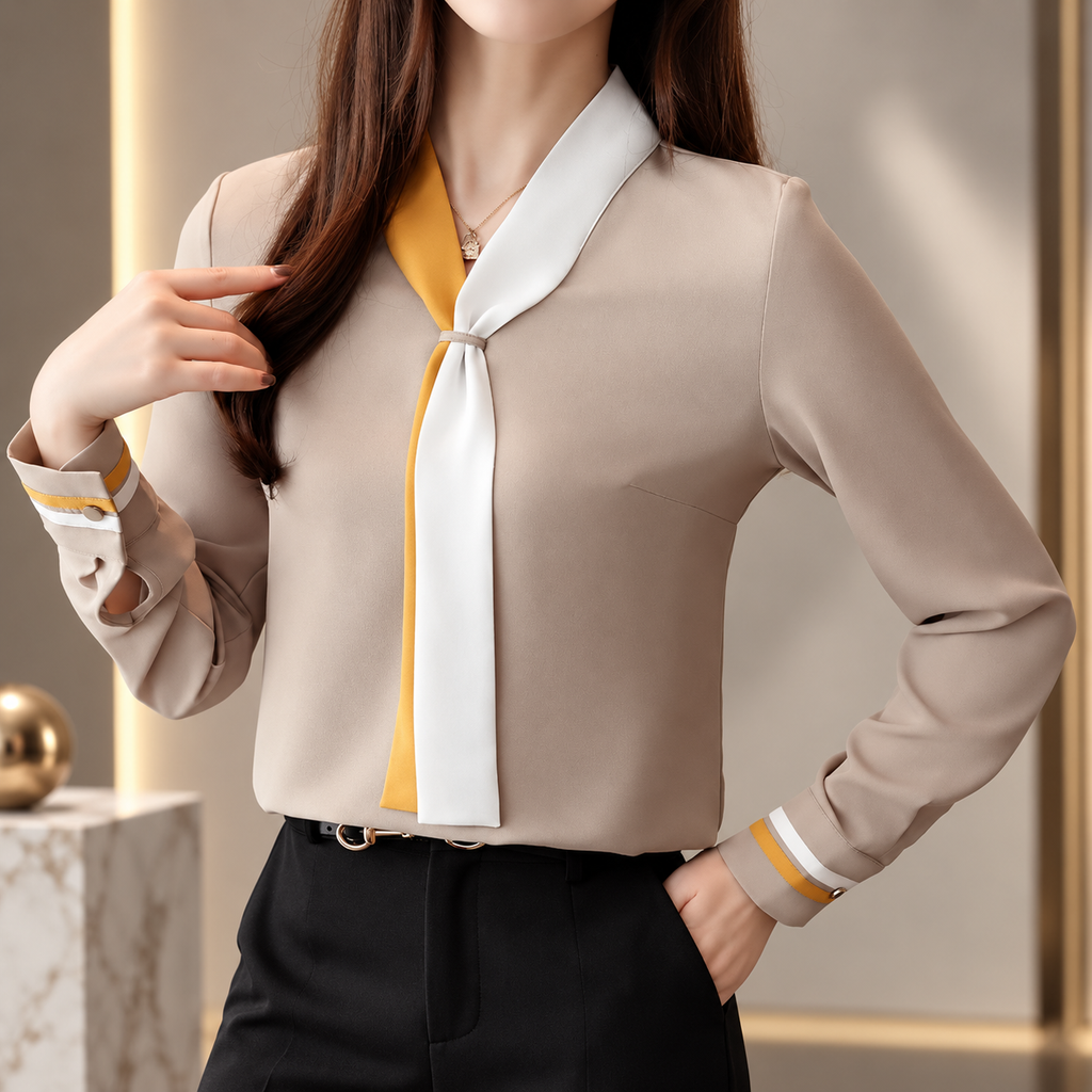 Madeleine Contrast Scarf Neck Blouse – Long Sleeve Office Top