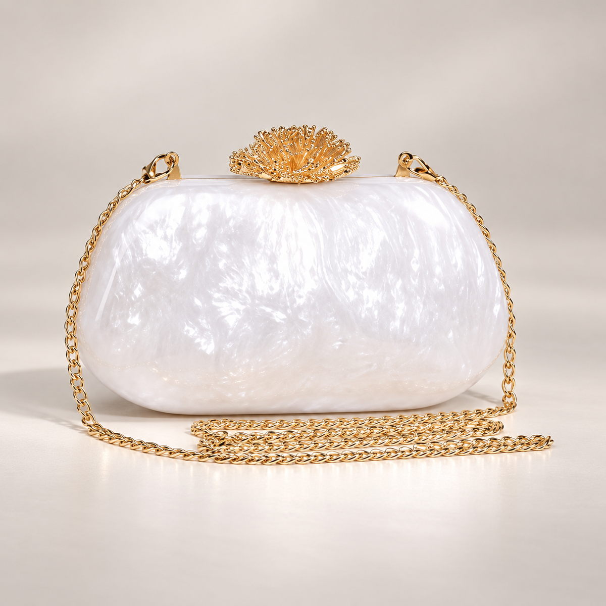 Alessia Pearl-Effect Evening Clutch with Gold Floral Clasp & Chain Strap