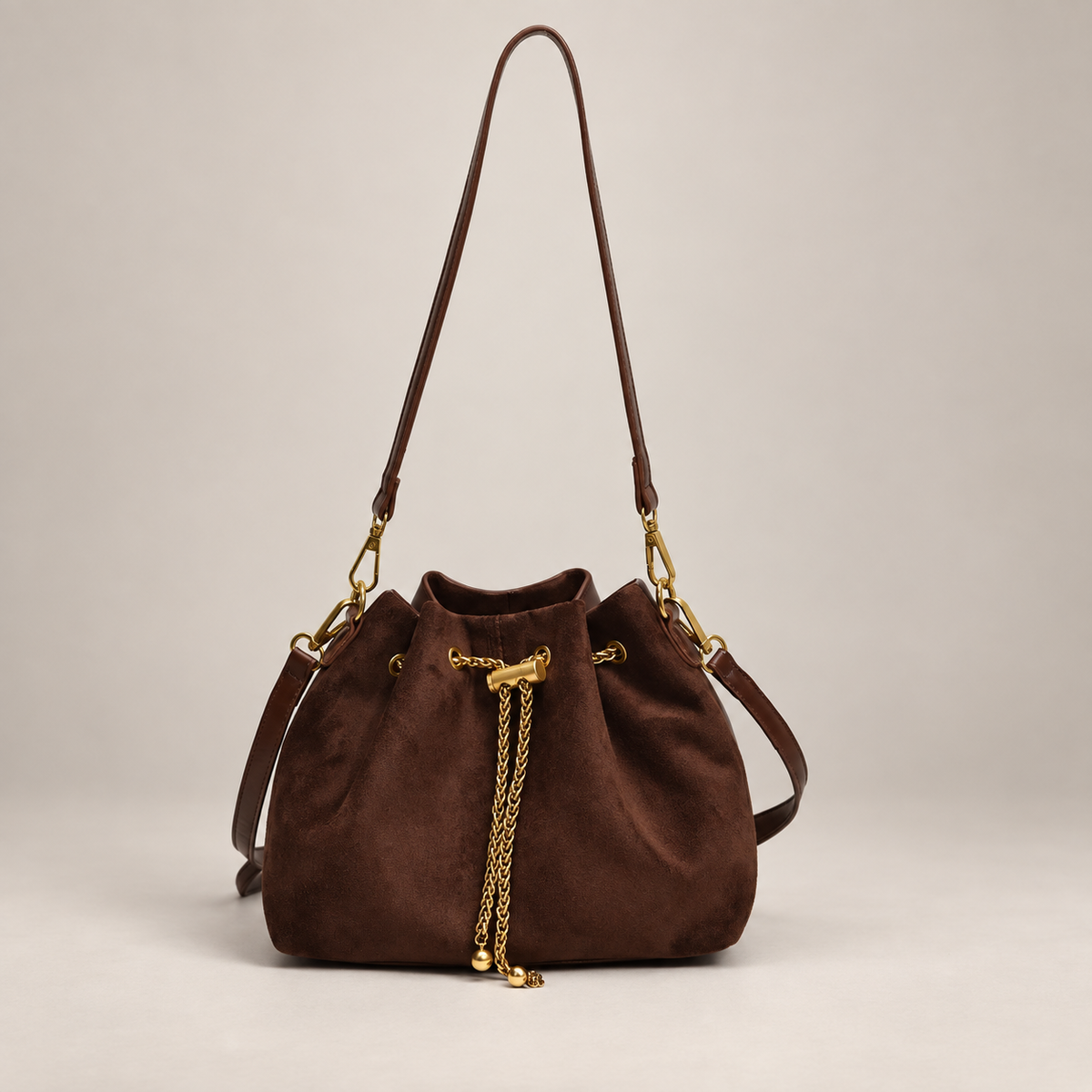 Sofia Women’s Suede-Look Drawstring Bucket Bag – Chain Detail Shoulder & Crossbody Handbag