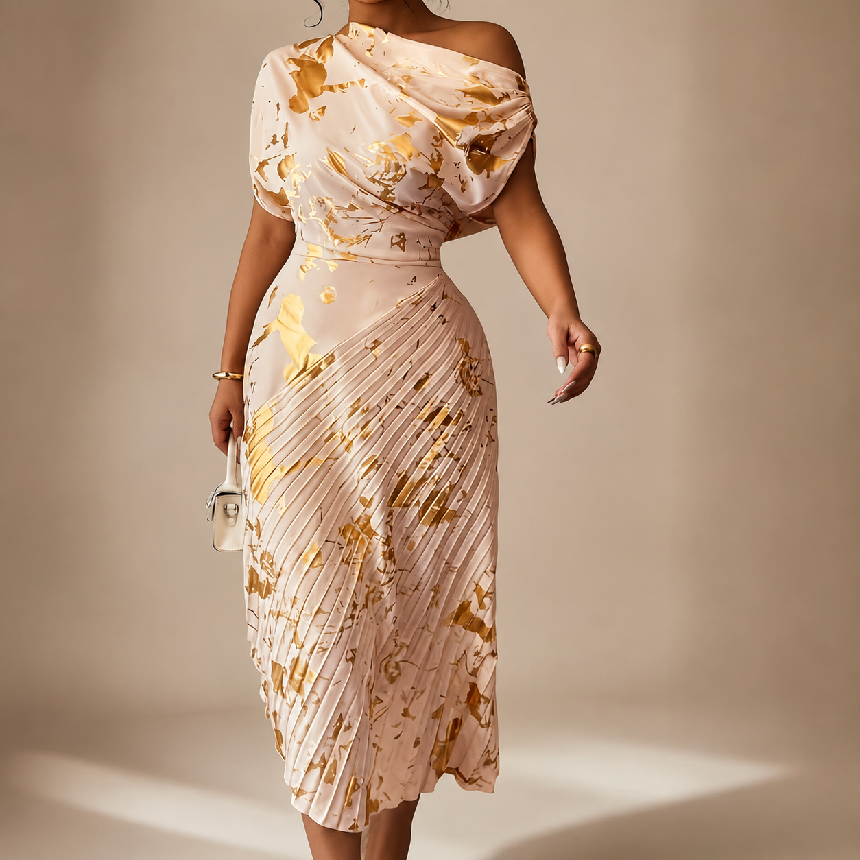 Natalie’s One-Shoulder Metallic Print Pleated Dress