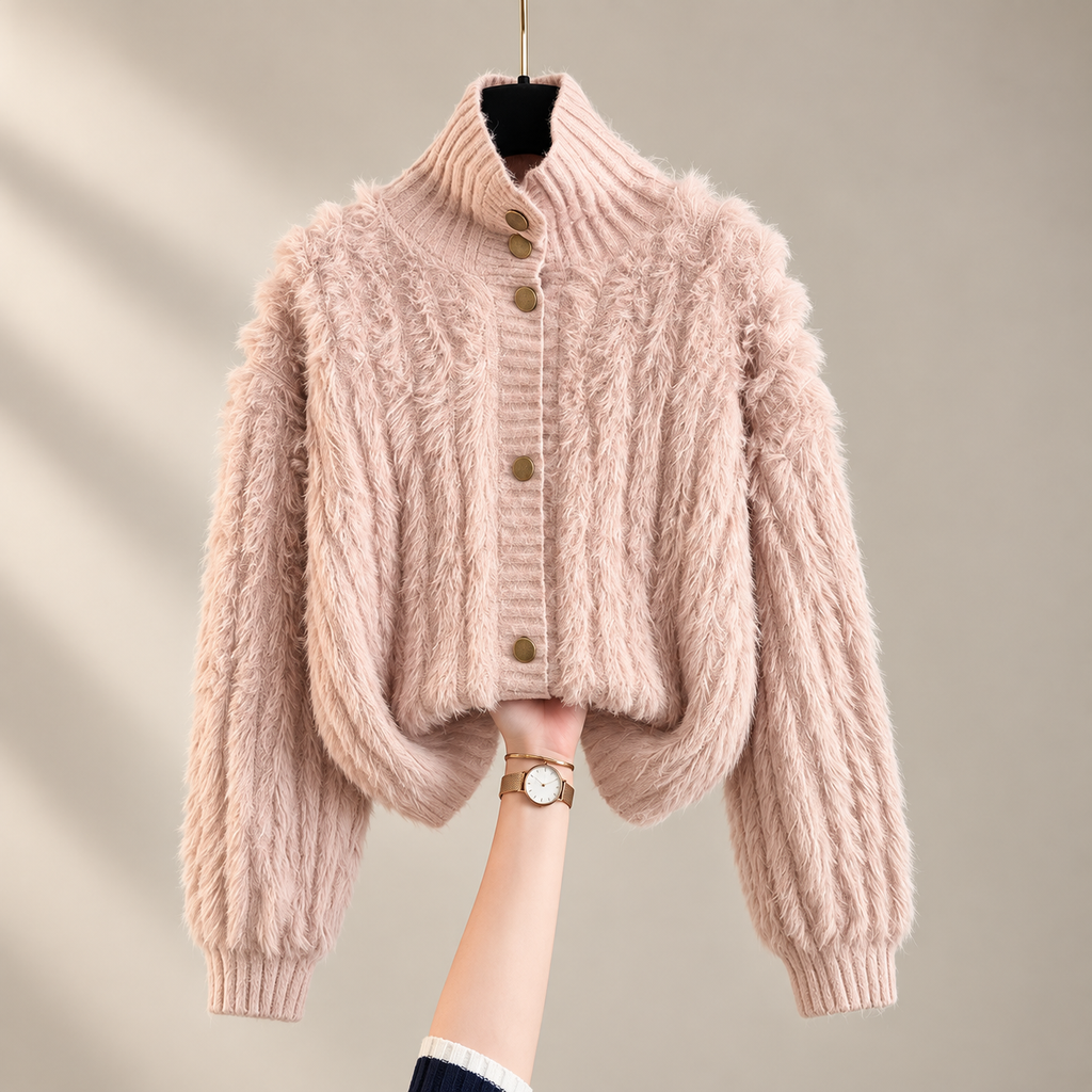 Elodie Women's Fuzzy Textured Knit Button-Front Cardigan with Stand Collar