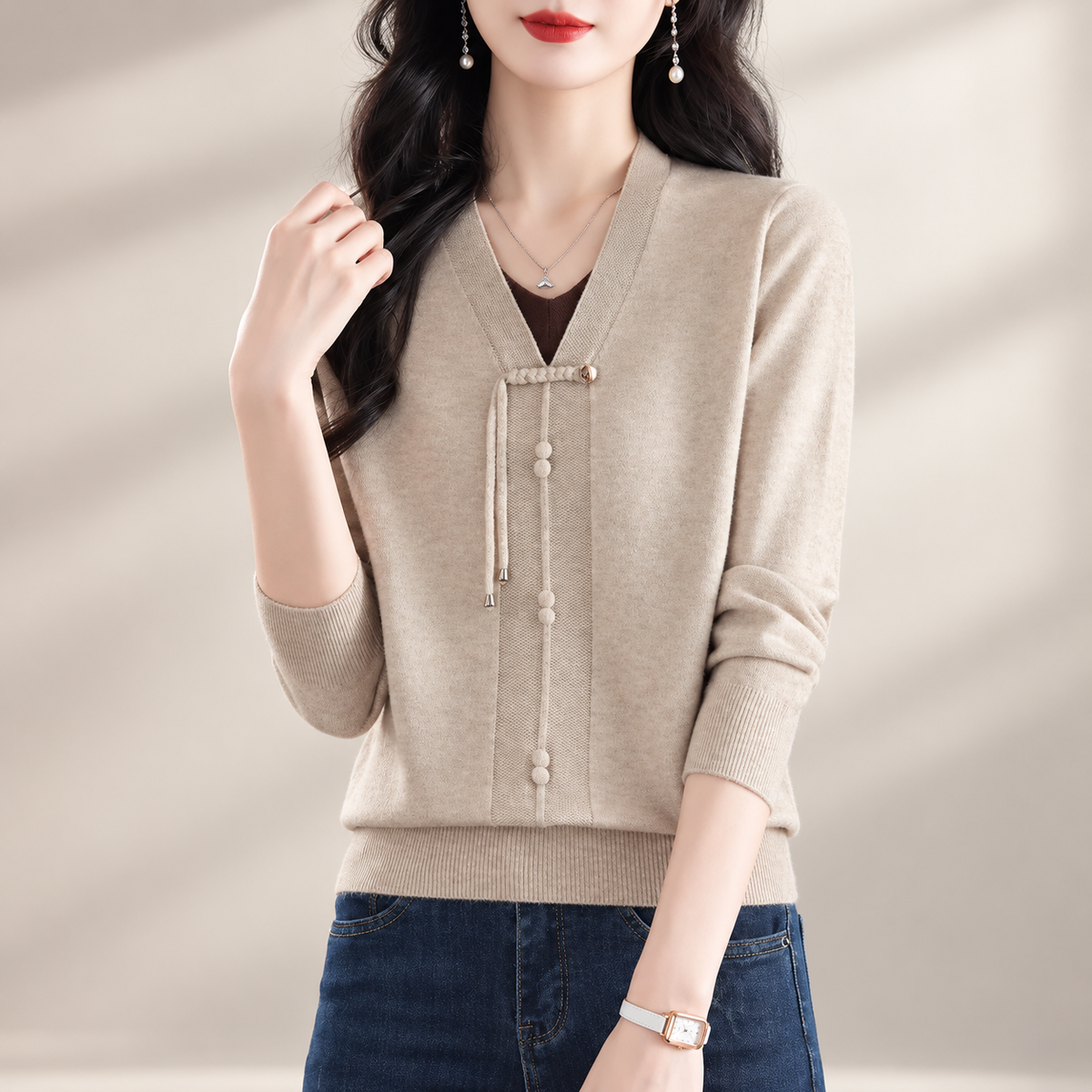 Alessia Women's V-Neck Knit Sweater with Decorative Tie Detail