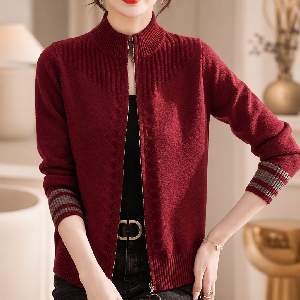 Rosalie Women’s Zip-Up Knit Cardigan with Ribbed Collar