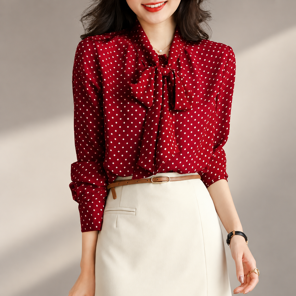Vivienne Polka Dot Bow Tie Long Sleeve Blouse