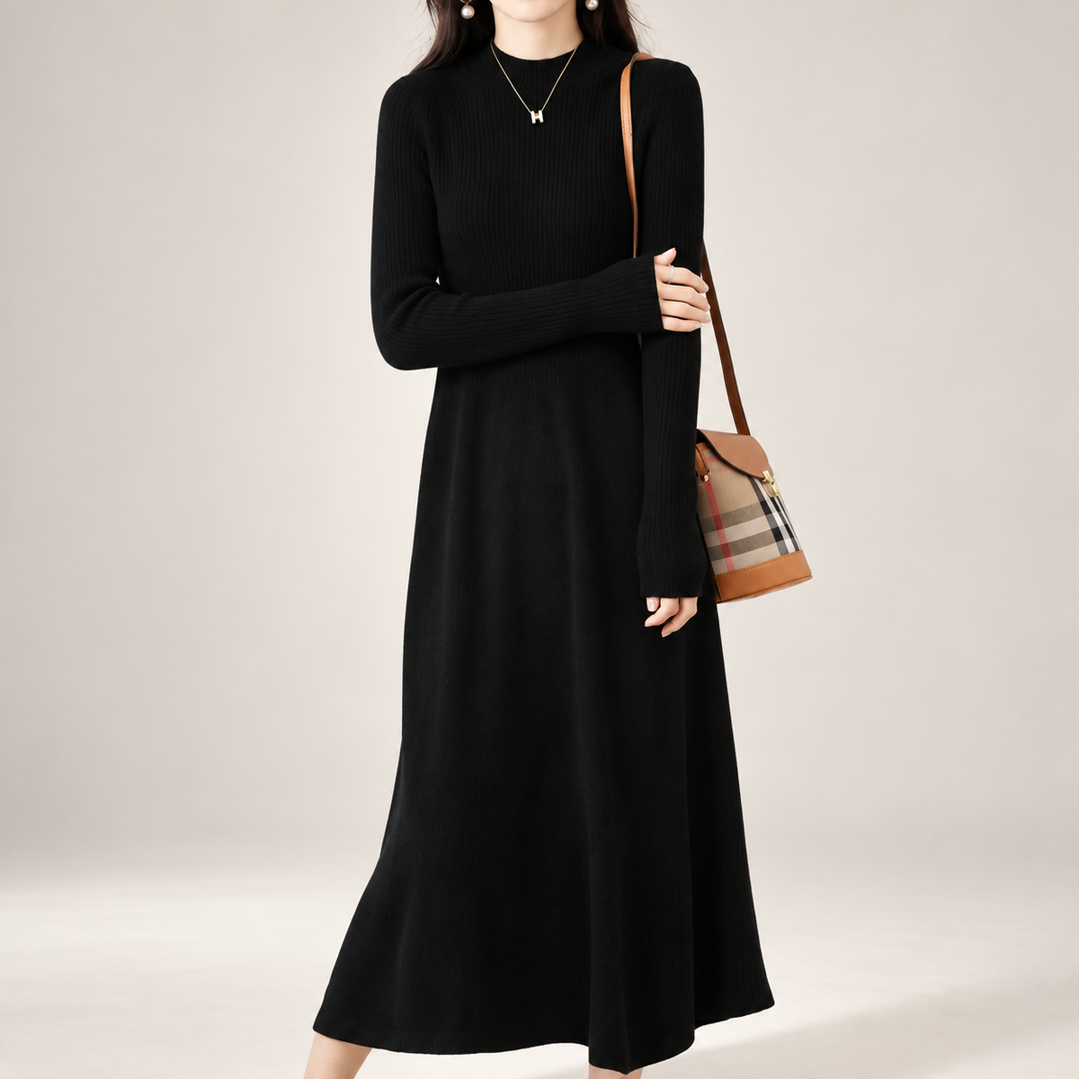 Helena Women's Mock Neck Ribbed Knit Midi Dress with Long Sleeves