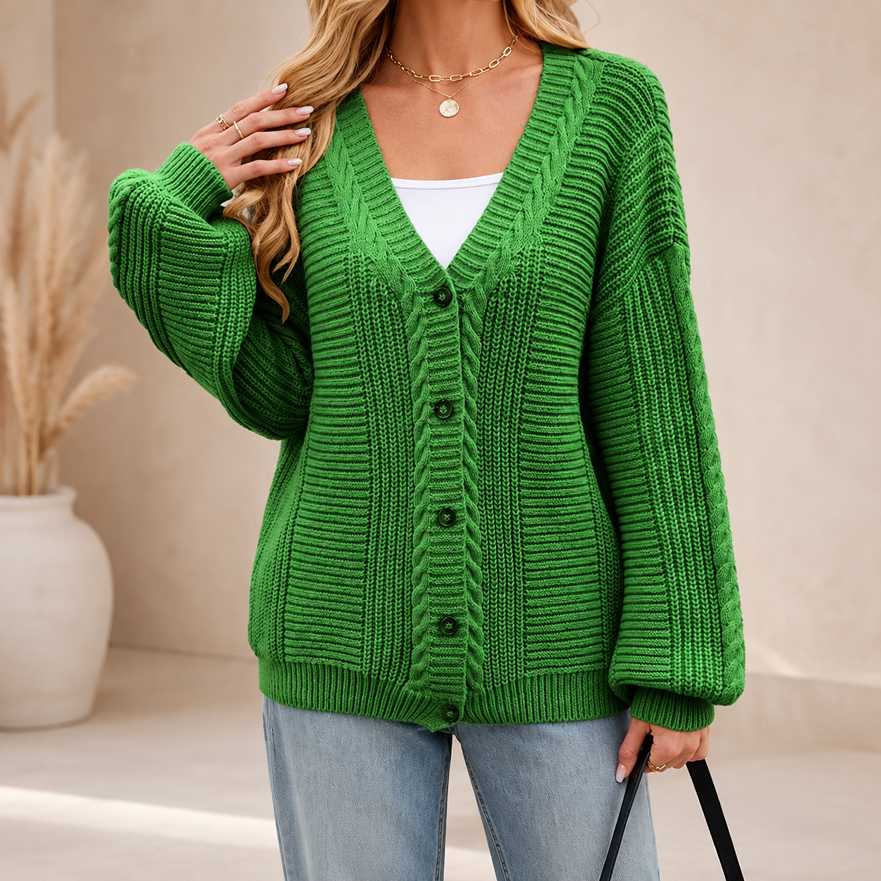 Vivienne Women’s Cable Knit V-Neck Cardigan – Button-Front Sweater
