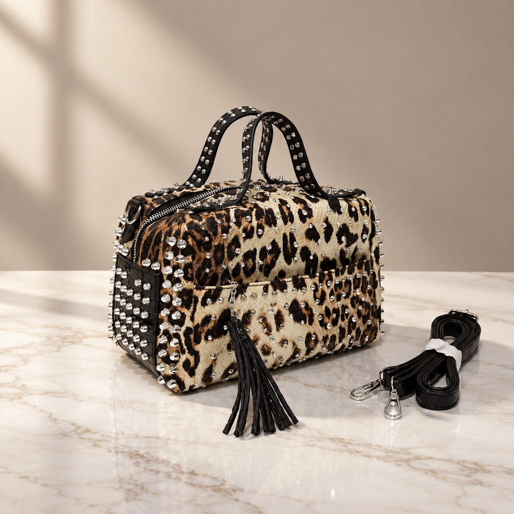 Camille Studded Reptile-Texture Satchel Handbag with Detachable Strap