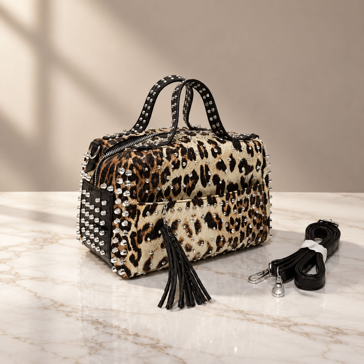 Camille Studded Reptile-Texture Satchel Handbag with Detachable Strap