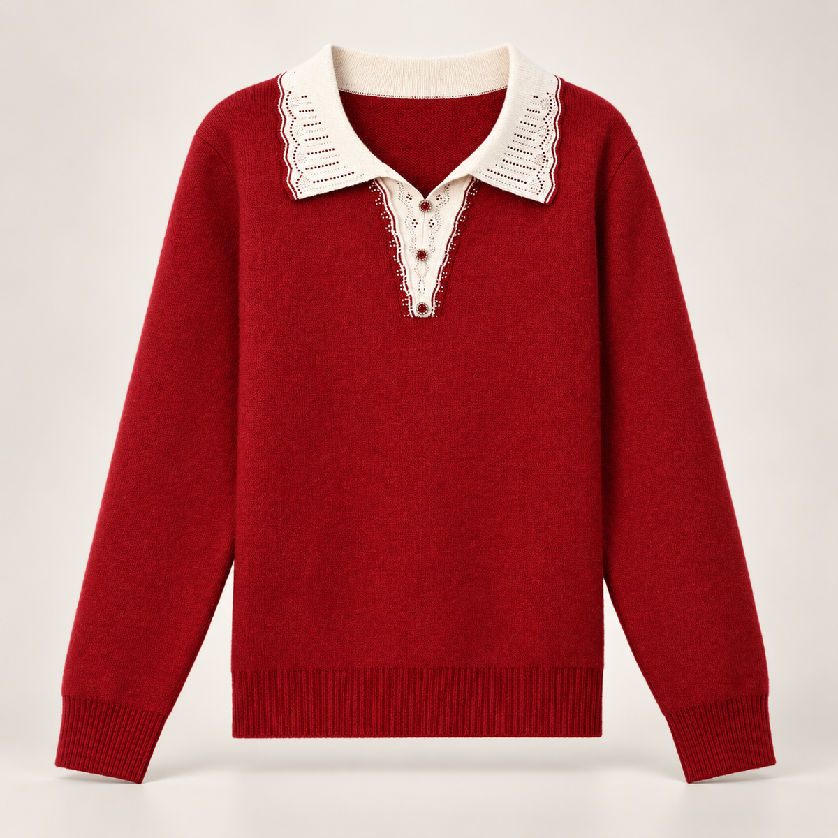 Genevieve Women's Contrast Collar Knit Sweater with Decorative Button Detail
