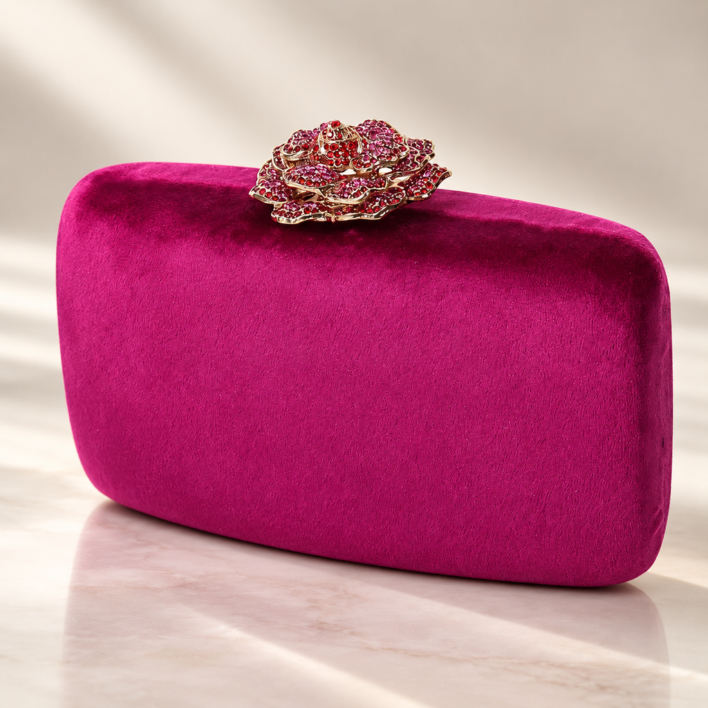 Camille Jeweled Rose Velvet Evening Clutch with Chain Strap