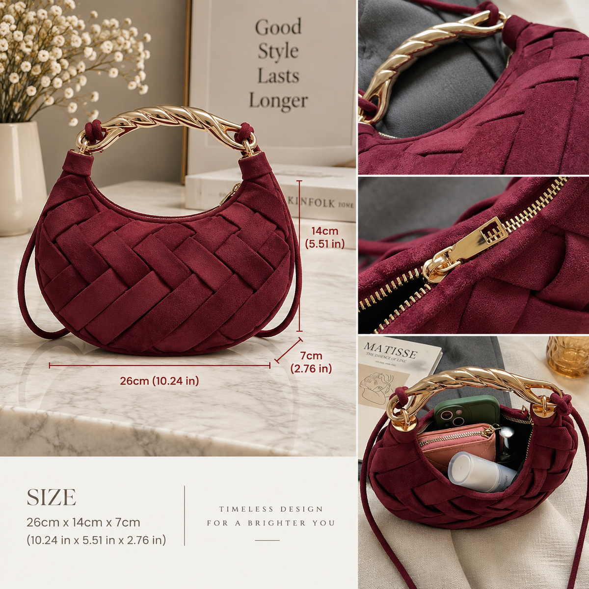 Elodie Woven Crescent Handbag – Suede-Look Shoulder & Crossbody Bag