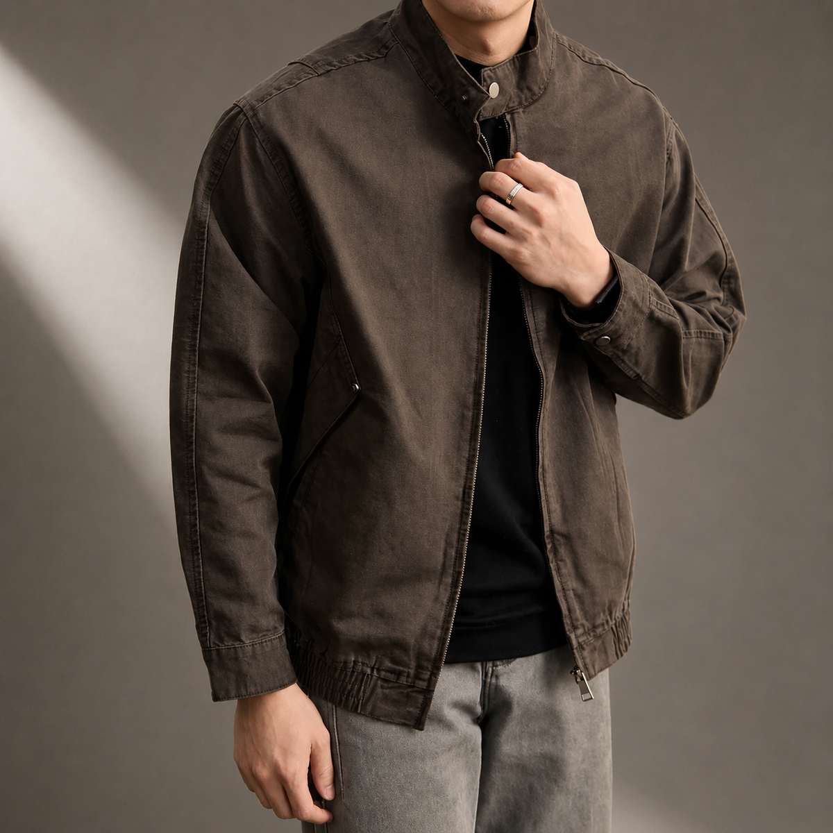 Sebastian Men’s Vintage Washed Cargo Jacket – Stand Collar Zip-Up Casual Utility Jacket
