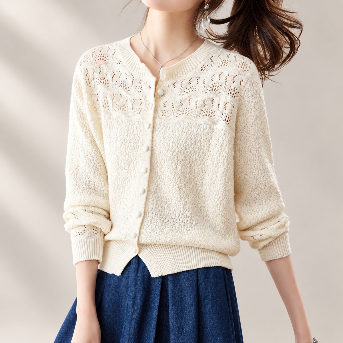 Colette Women's Textured Pointelle Knit Button-Front Cardigan