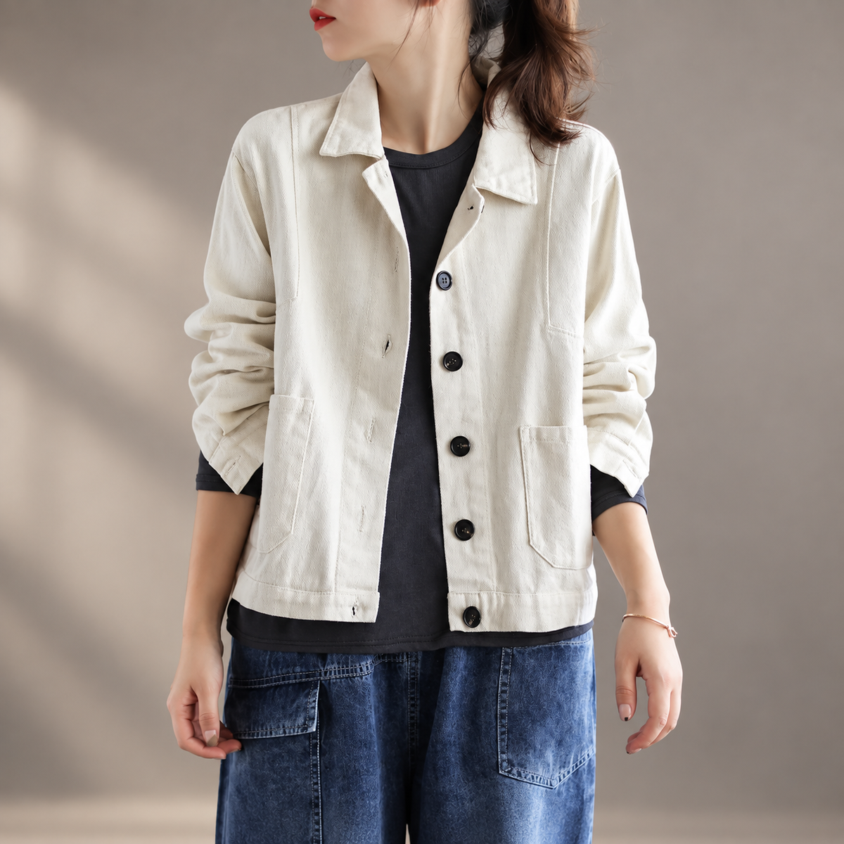 Camille Women’s Button-Front Casual Jacket – Relaxed Fit Long Sleeve Utility Coat