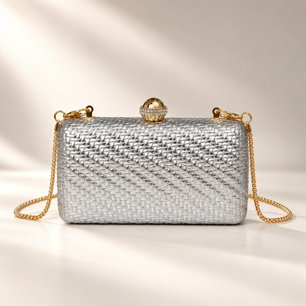 Rosalie Metallic Woven Evening Clutch with Crystal Ball Clasp & Chain Strap