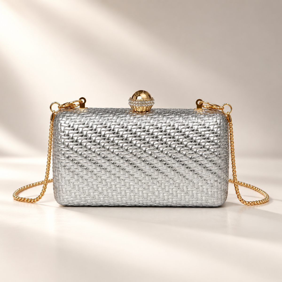 Rosalie Metallic Woven Evening Clutch with Crystal Ball Clasp & Chain Strap