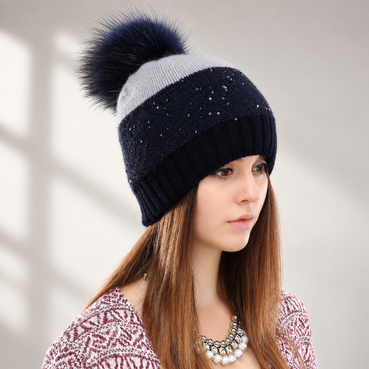 Genevieve Women’s Colorblock Knit Pom-Pom Beanie