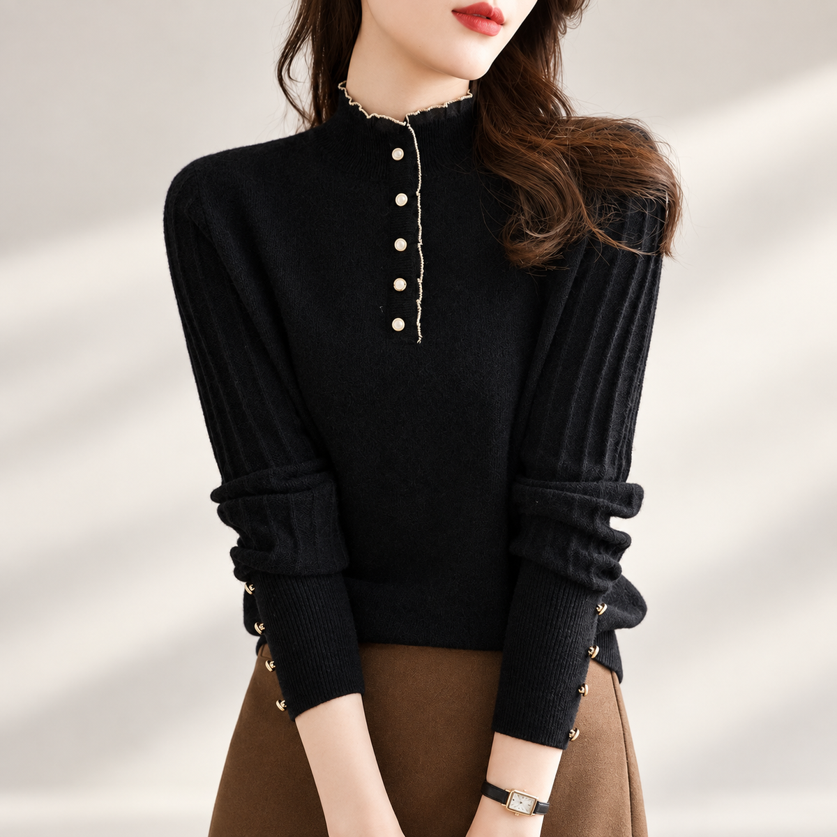 Vivienne Women's Ruffle Mock Neck Knit Sweater with Button Placket